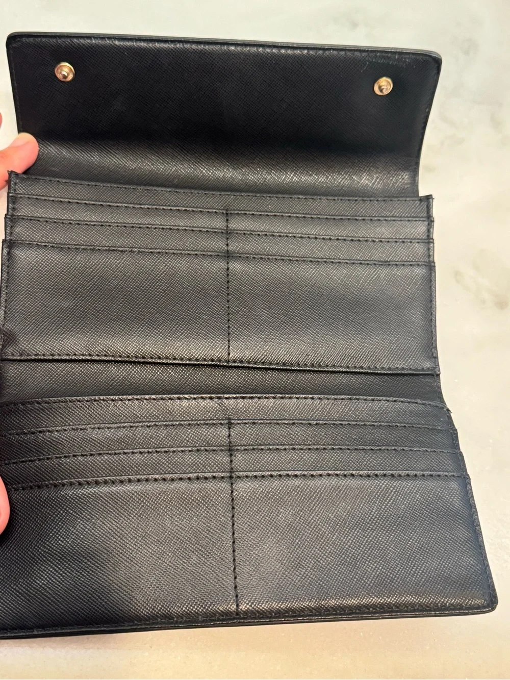 Tory Burch Black Leather Logo Flap Wallet with Gold Emblem